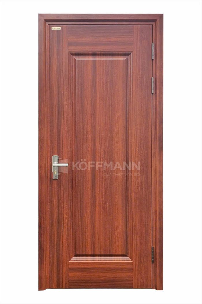 Cửa thép vân gỗ Koffmann 1 cánh, thiết kế hiện đại, chống cháy, chống cong vênh, cách âm cách nhiệt, phù hợp cửa chính nhà phố và biệt thự. Bảo Nguyên Luxdoor – Đại lý Koffmann Nghệ An.